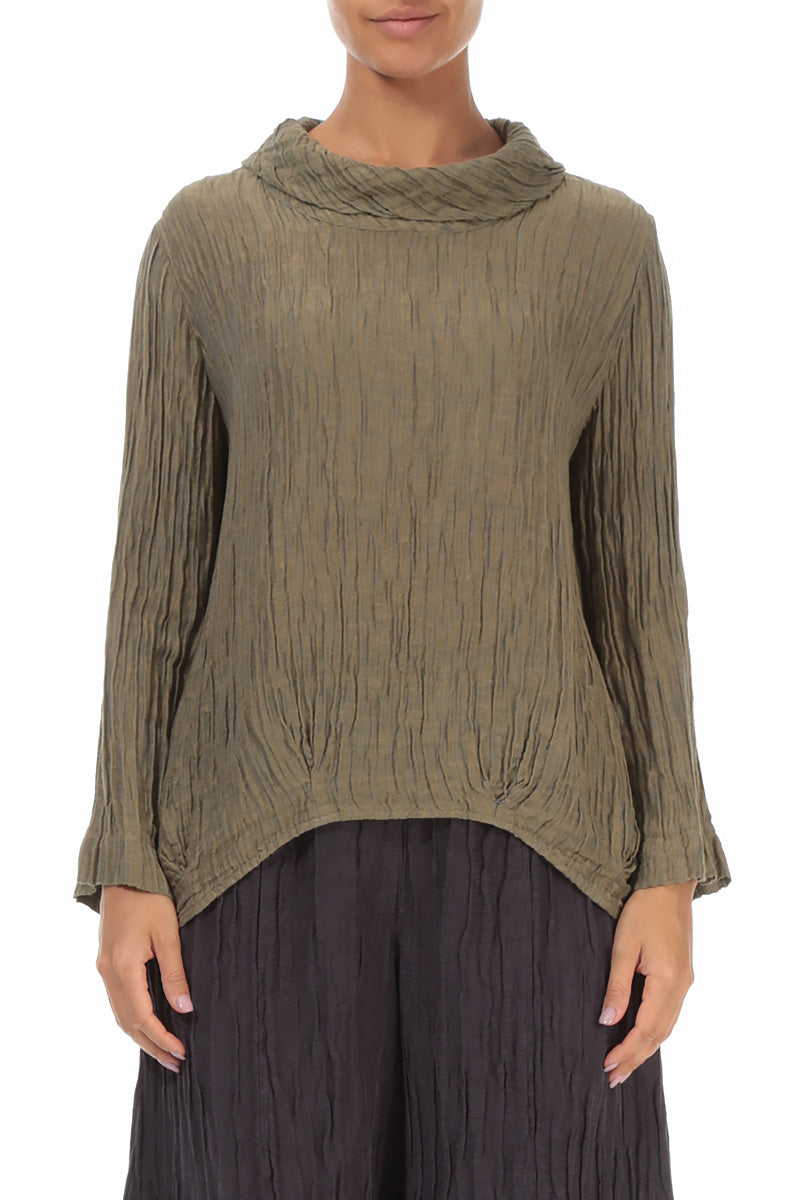 Soft Cowl Neck Crinkled Silver Sage Silk Blouse 1