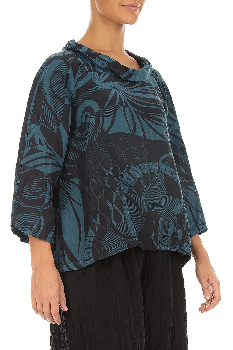 Soft Cowl Neck Deep Turquoise Orbit Textured Silk Blouse