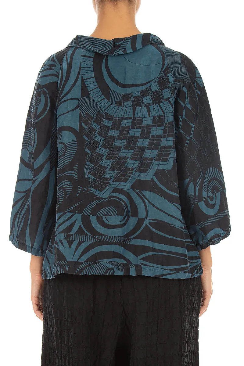 Soft Cowl Neck Deep Turquoise Orbit Textured Silk Blouse
