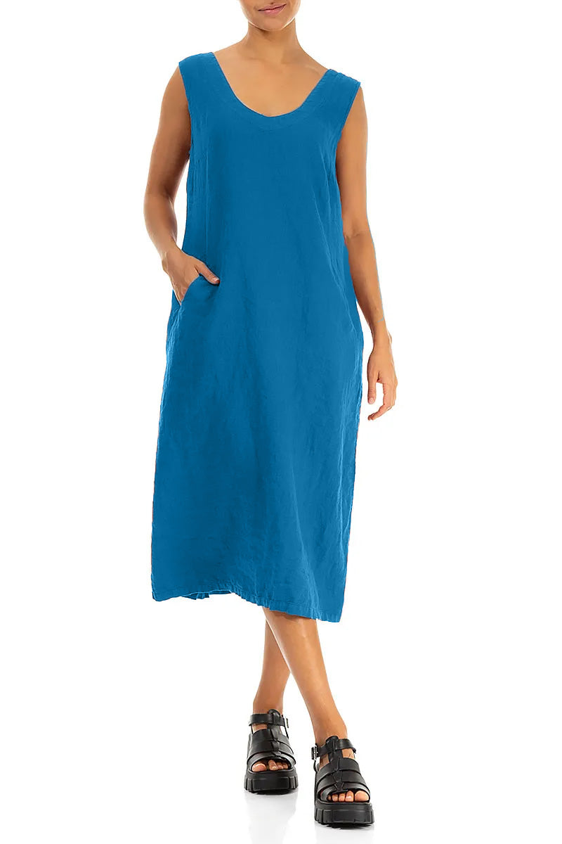 Soft V-Neck Cobalt Blue Linen Dress 4