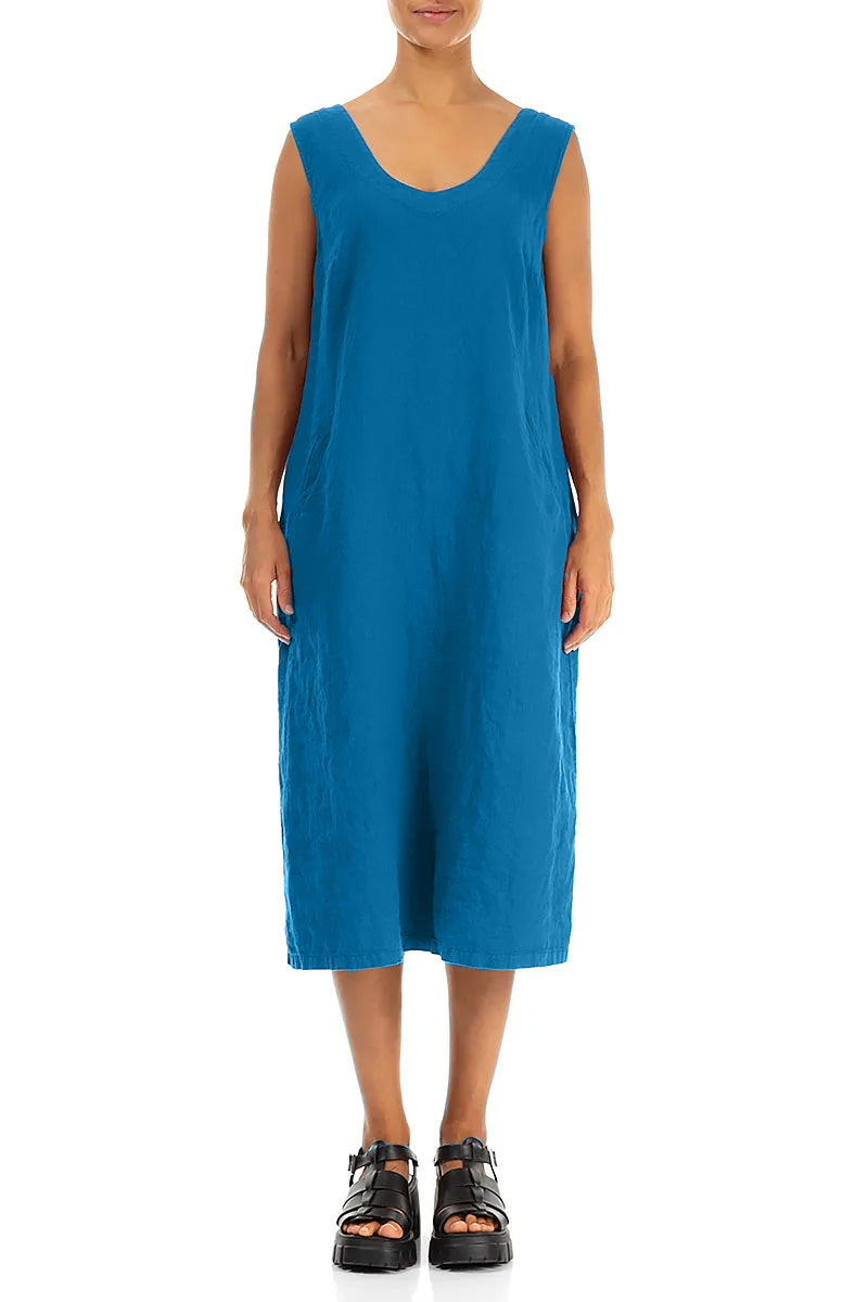 Soft V-Neck Cobalt Blue Linen Dress 1