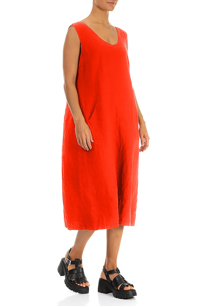 Soft V-Neck Flame Orange Linen Dress