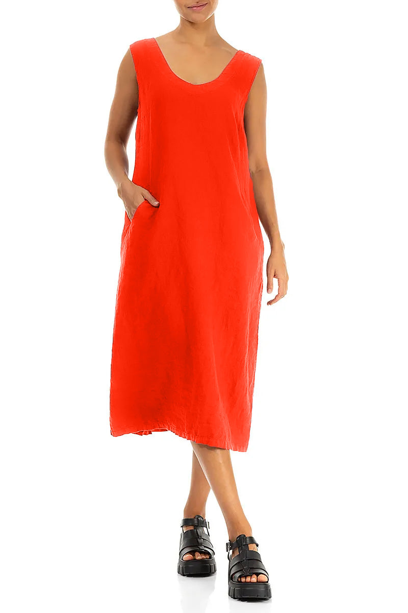 Soft V-Neck Flame Orange Linen Dress