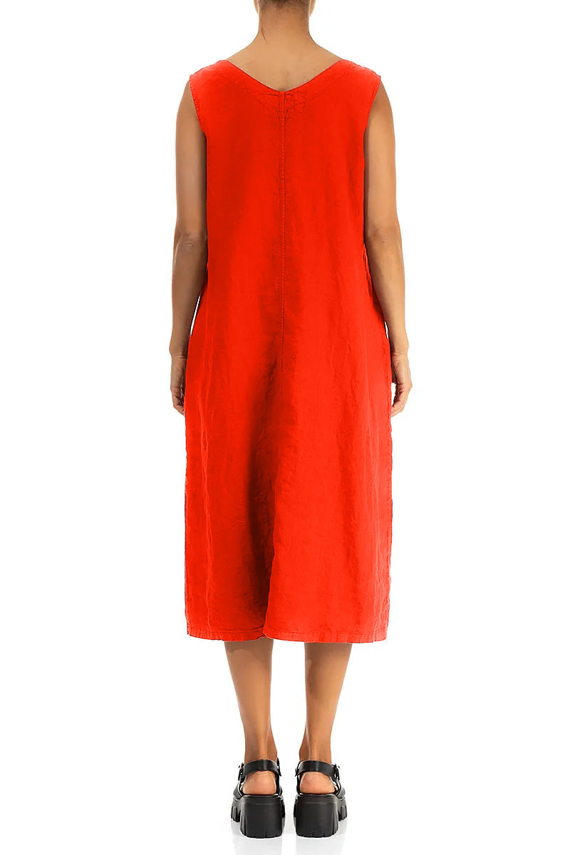 Soft V-Neck Flame Orange Linen Dress