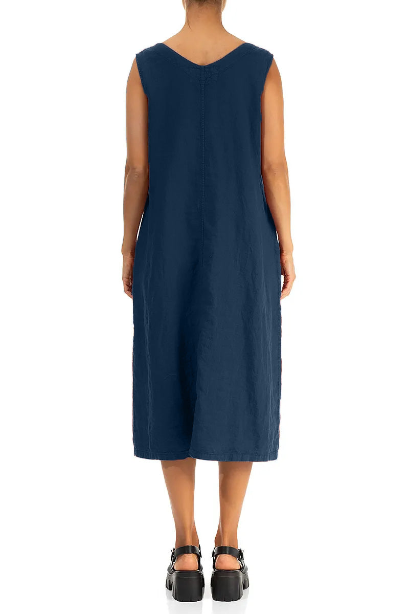 Soft V-Neck Navy Linen Dress 2
