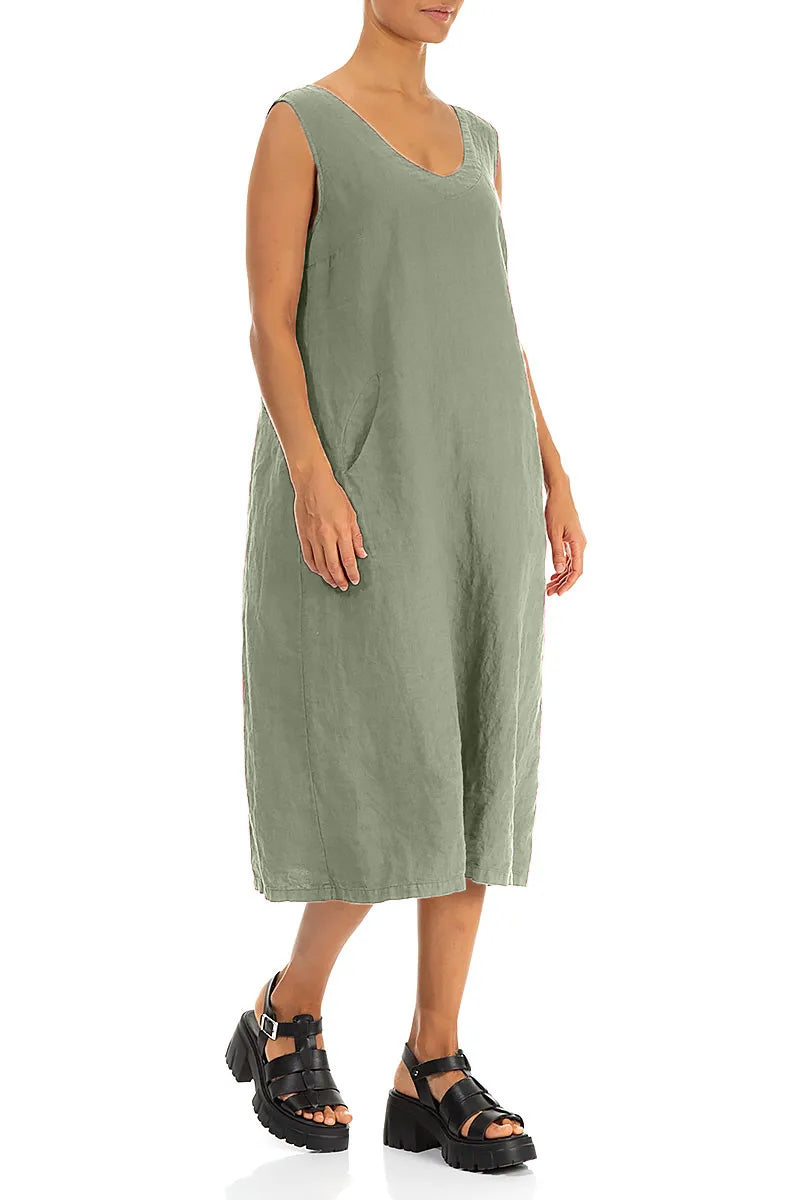Soft V-Neck Sage Linen Dress 3