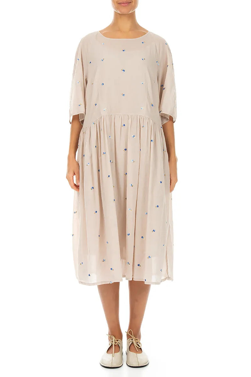 Soft Volume Beige Embroidered Petals Cotton Midi Dress Soft Volume Beige Embroidered Petals Cotton Midi Dress