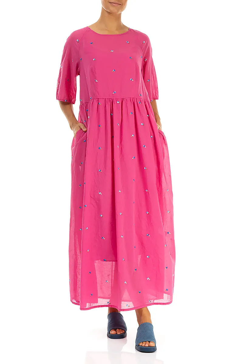 Soft Volume Fuchsia Embroidered Petals Cotton Dress 4