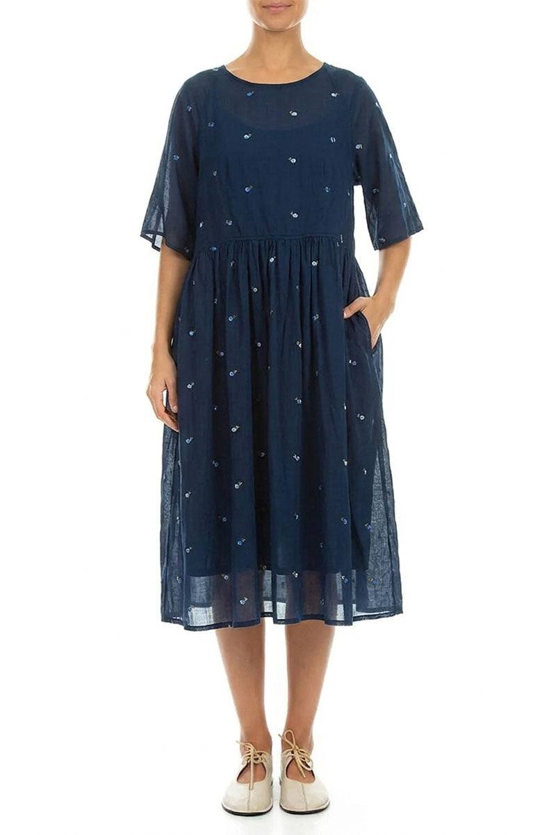 Soft Volume Navy Embroidered Petals Cotton Midi Dress 3