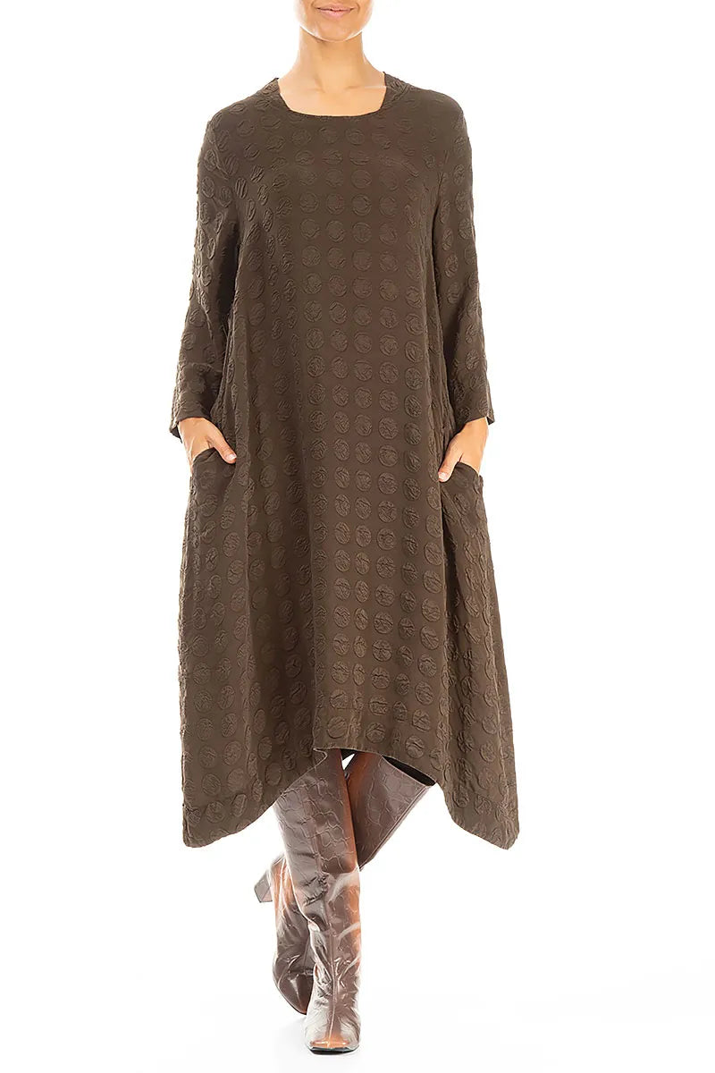 Square Neck Bubble Forest Brown Silk Dress 4