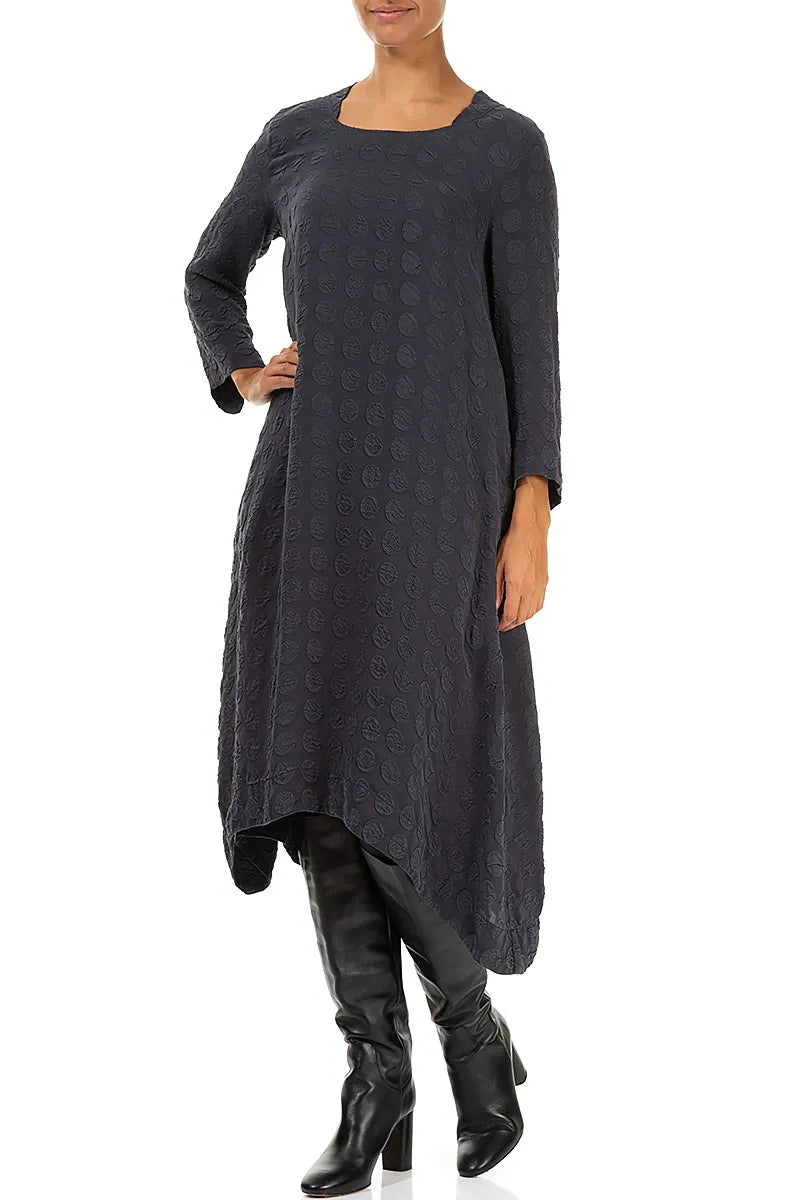 Square Neck Bubble Graphite Blue Silver Silk Dress 3