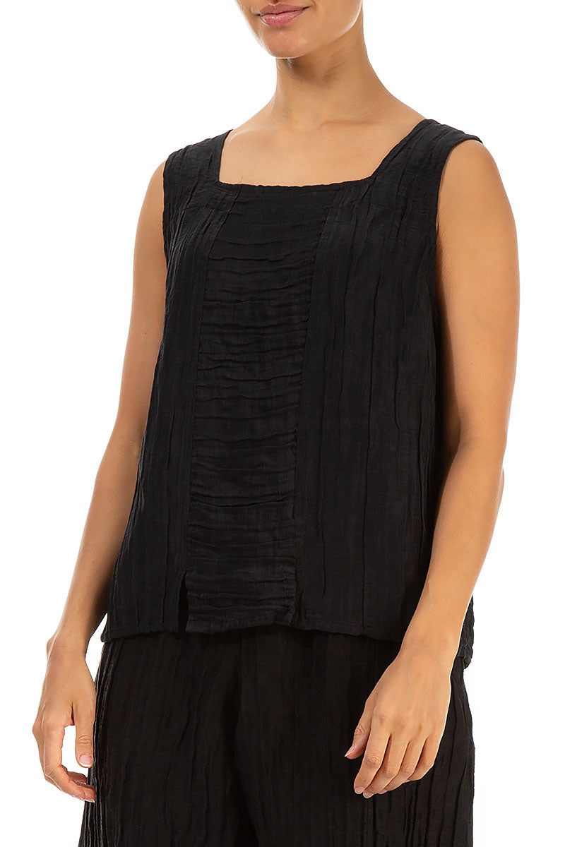 Square Neck Crinkled Black Silk Linen Blouse 3