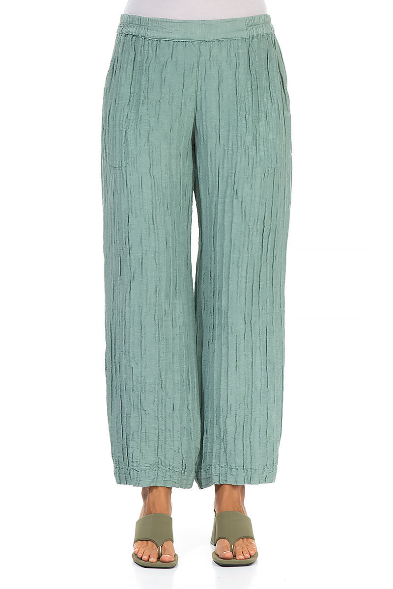 Straight Crinkled Pistachio Silk Trousers