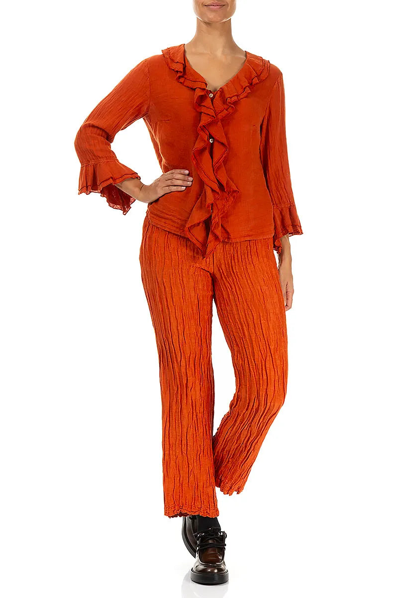 Straight Crinkled Saffron Silk Linen Trousers 4