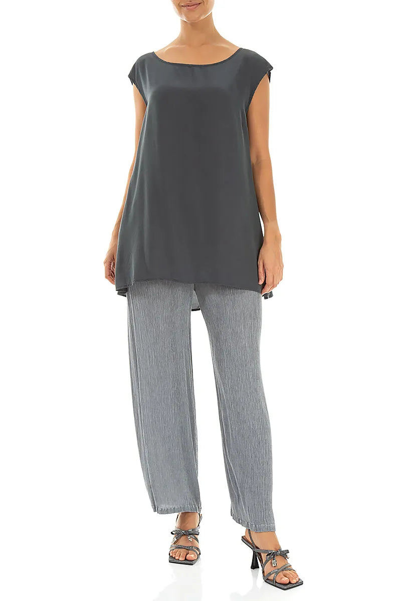 Straight Silver Grey Silk Viscose Trousers