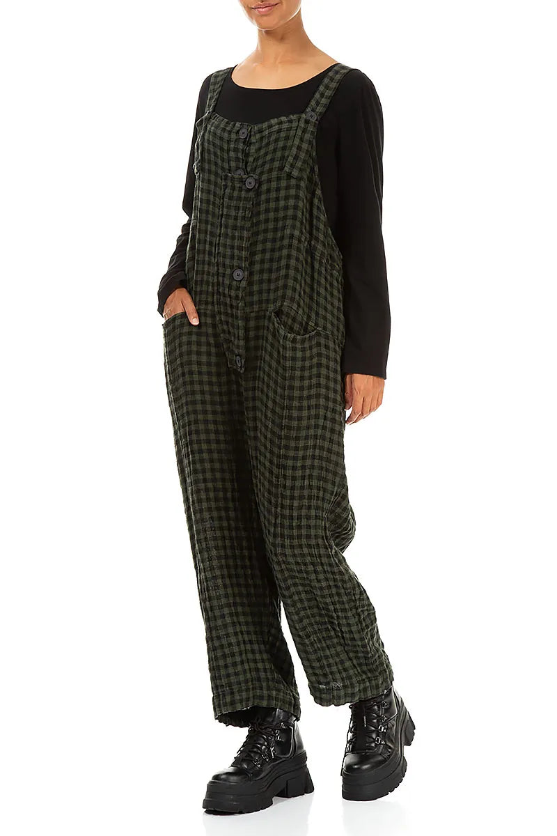 Strappy Forest Mist Check Linen Jumpsuit 4