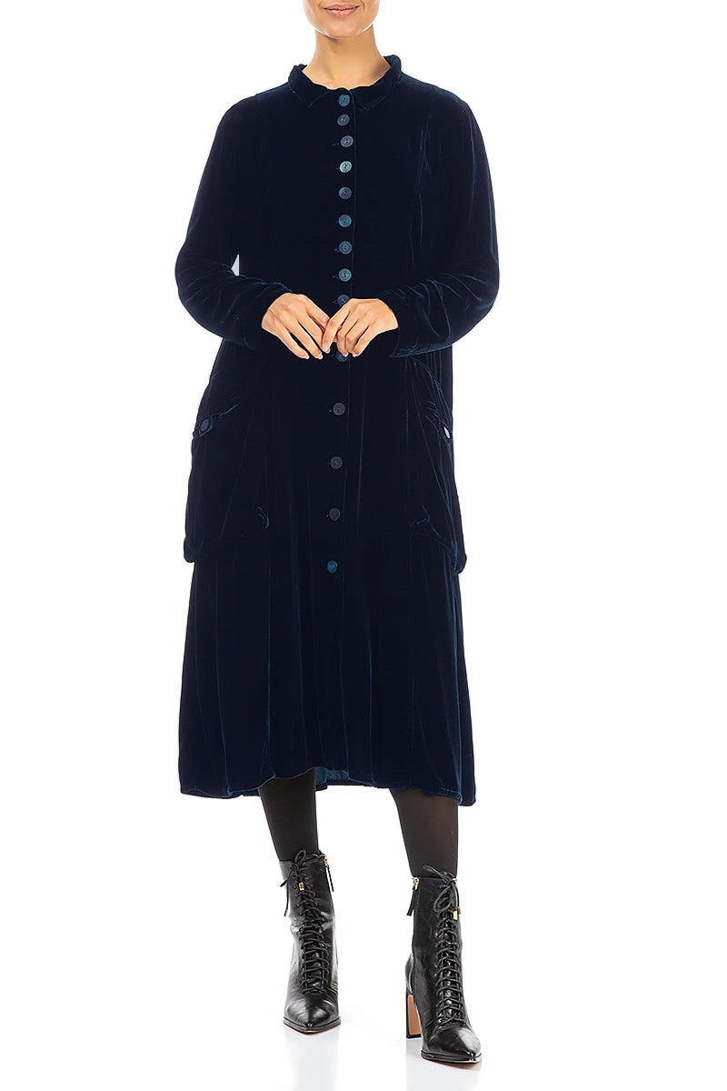 Stylish Long Royal Blue Silk Velvet Jacket 4