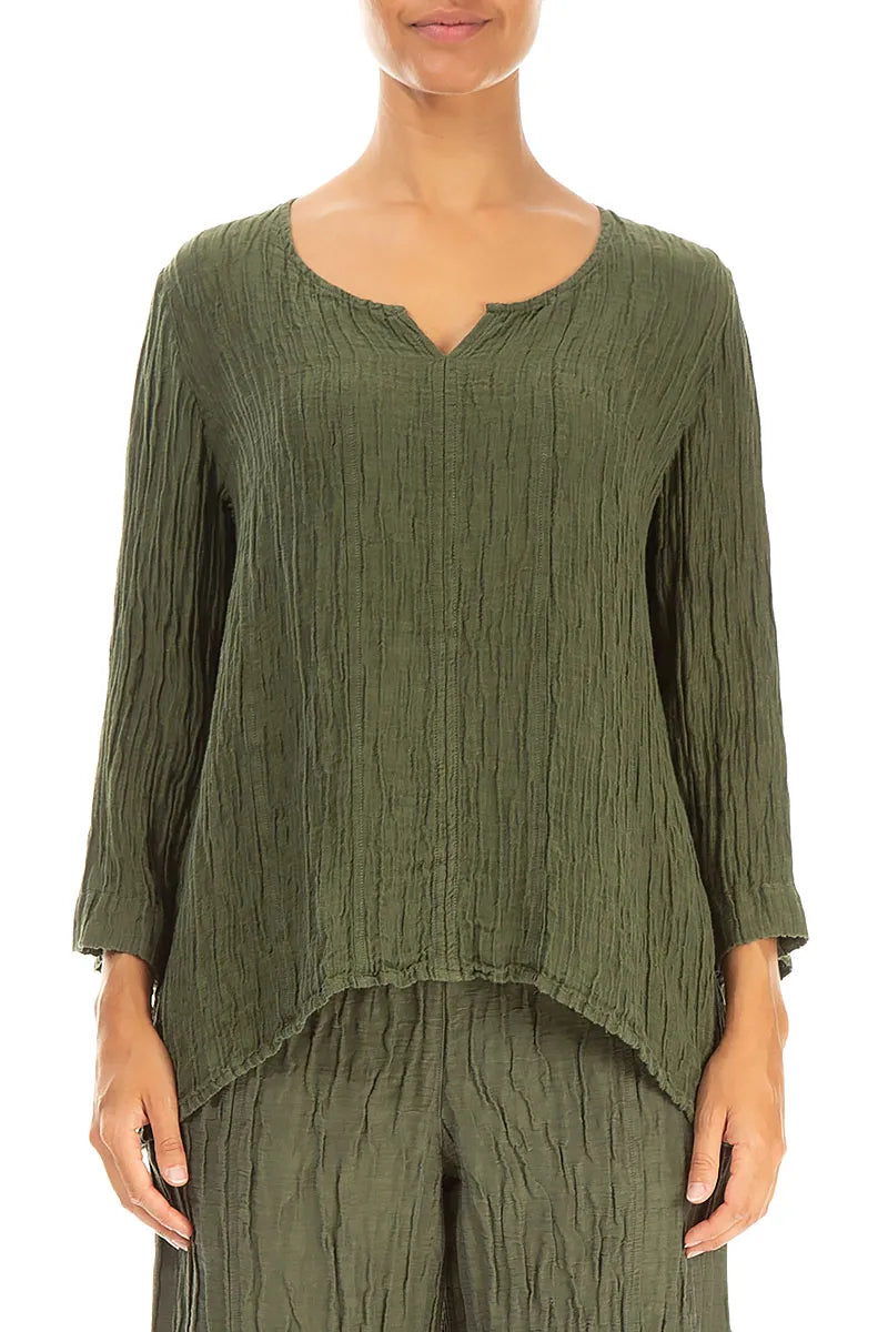 Sweetheart Neck Crinkled Forest Mist Silk Blouse 1