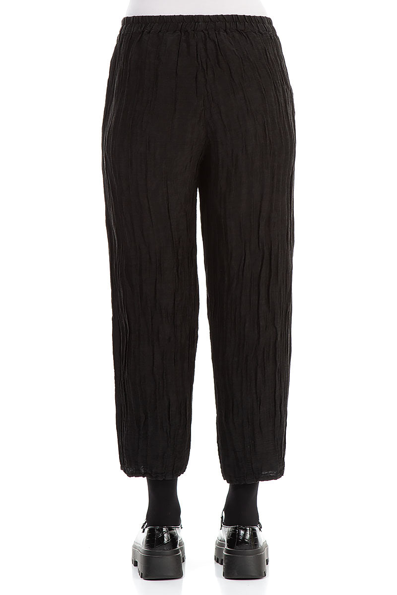 Taper Crinkled Black Silk Linen Trousers