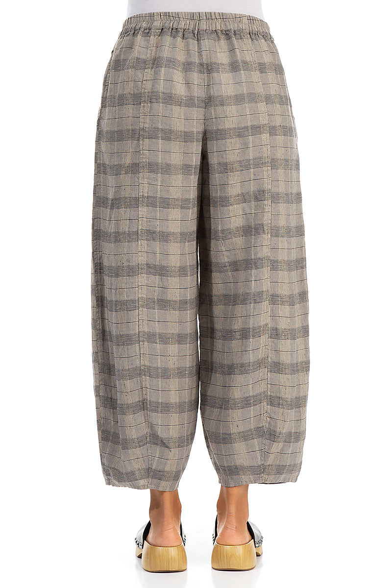 Taper Greige Check Linen Trousers