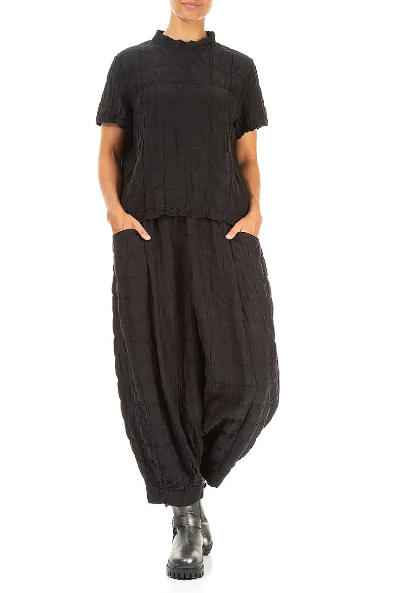 Taper Pleated Black Silk Linen Trousers 4