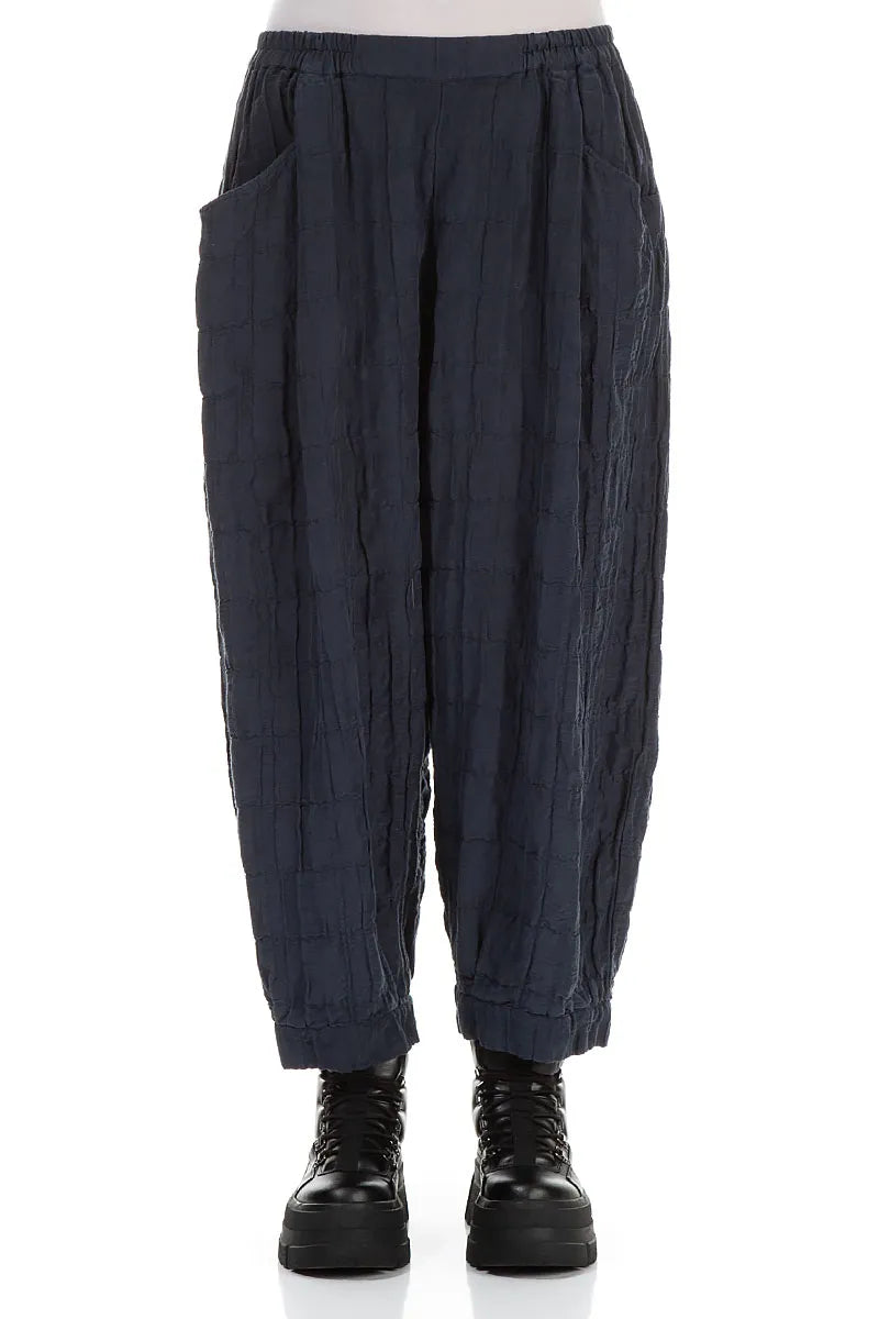 Taper Pleated Slate Blue Silk Linen Trousers 1