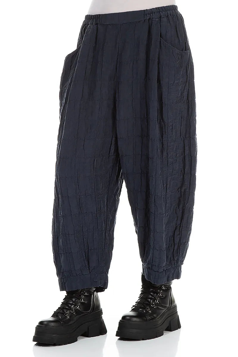 Taper Pleated Slate Blue Silk Linen Trousers 3