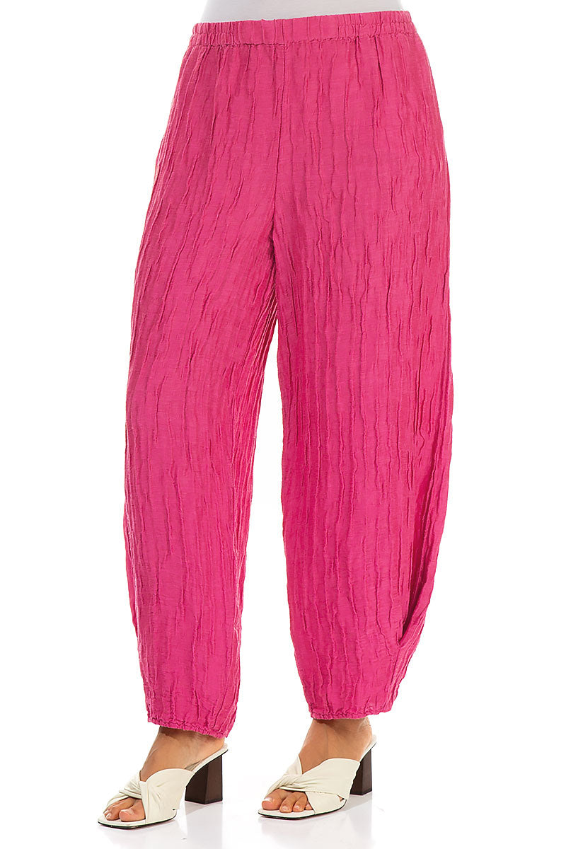 Tapered Barrel Fuchsia Crinkled Silk Linen Trousers 3