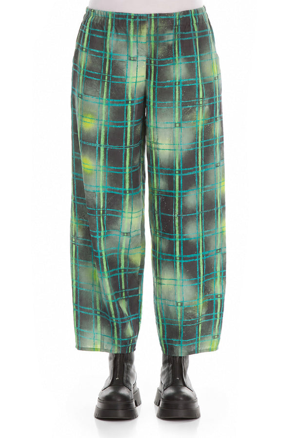 Tapered Emerald Grid Silk Linen Trousers