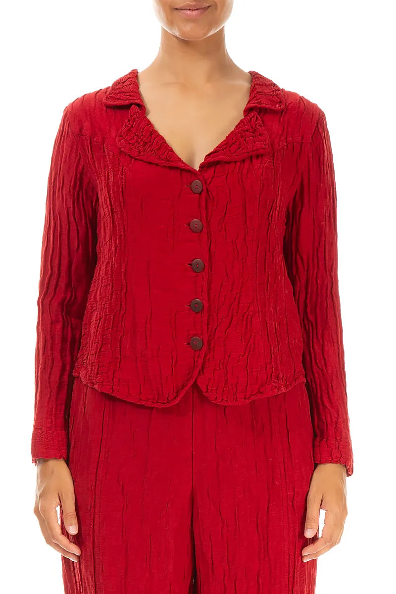 Textured Collar Crinkled Red Silk Linen Jacket