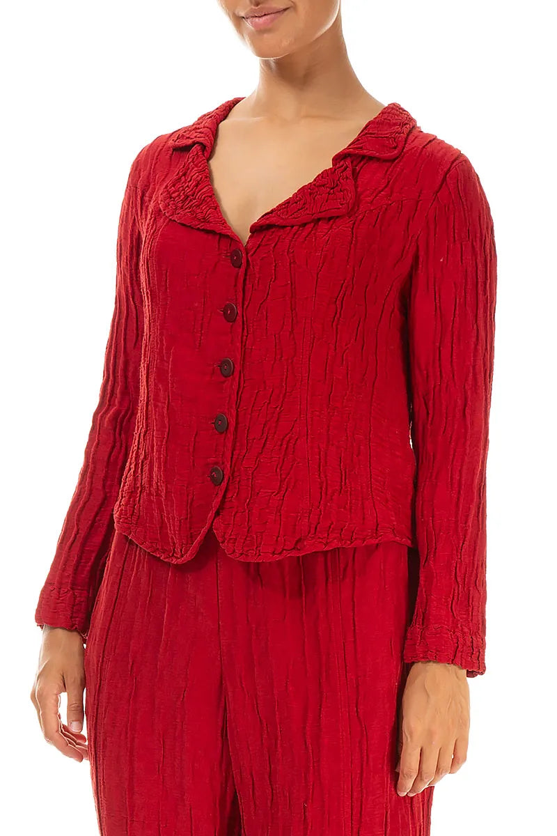 Textured Collar Crinkled Red Silk Linen Jacket