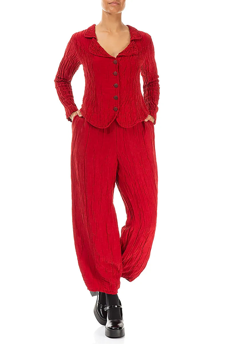 Textured Collar Crinkled Red Silk Linen Jacket