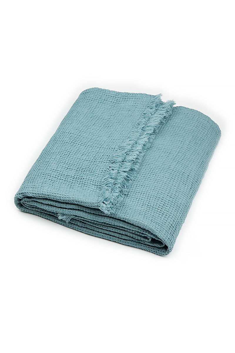 Textured Fringed Steel Blue Soft Linen Blanket