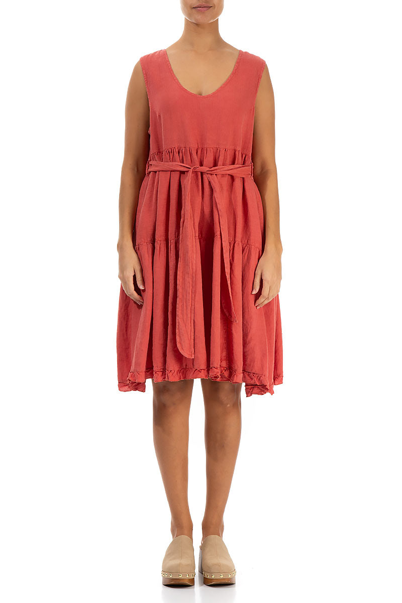 Tiered Coral Linen Dress