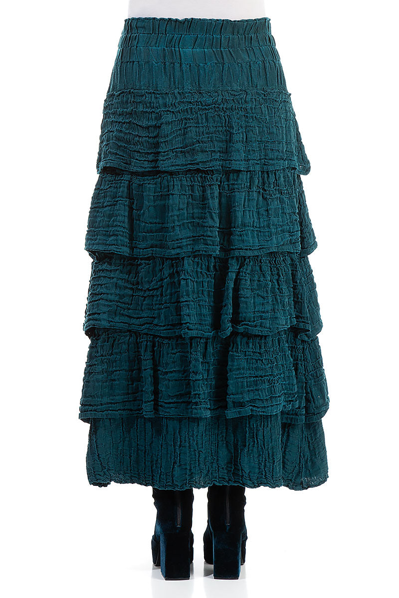 Tiered Crinkled Teal Silk Maxi Skirt