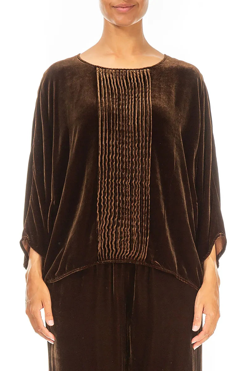Tuck Front Aged Copper Silk Velvet Blouse 1