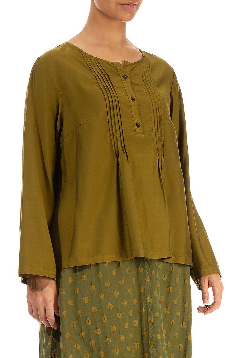 Tuck Front Olive Silk Bamboo Blouse 3