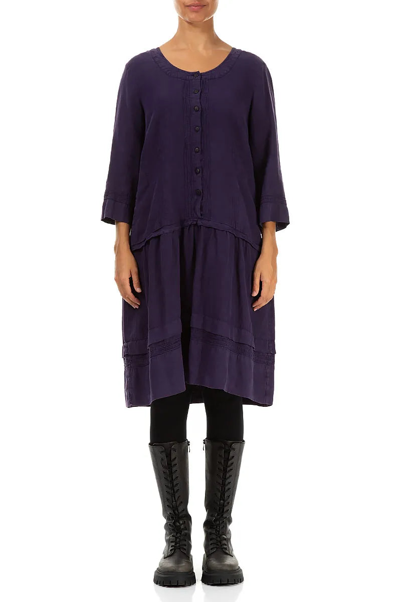 Tucks Decorated Flared Royal Purple Linen Dress –