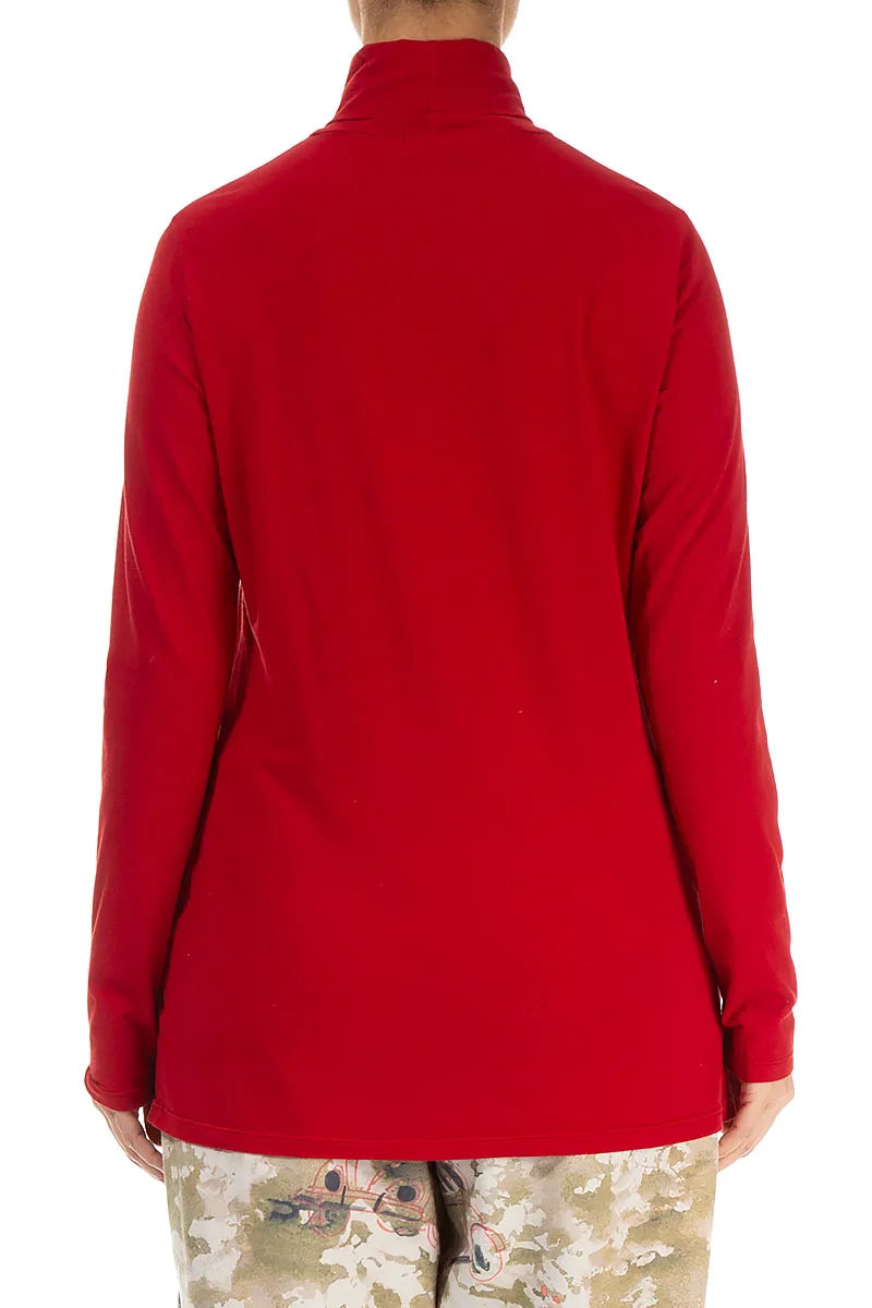Turtleneck Cherry Red Cotton Blouse 2