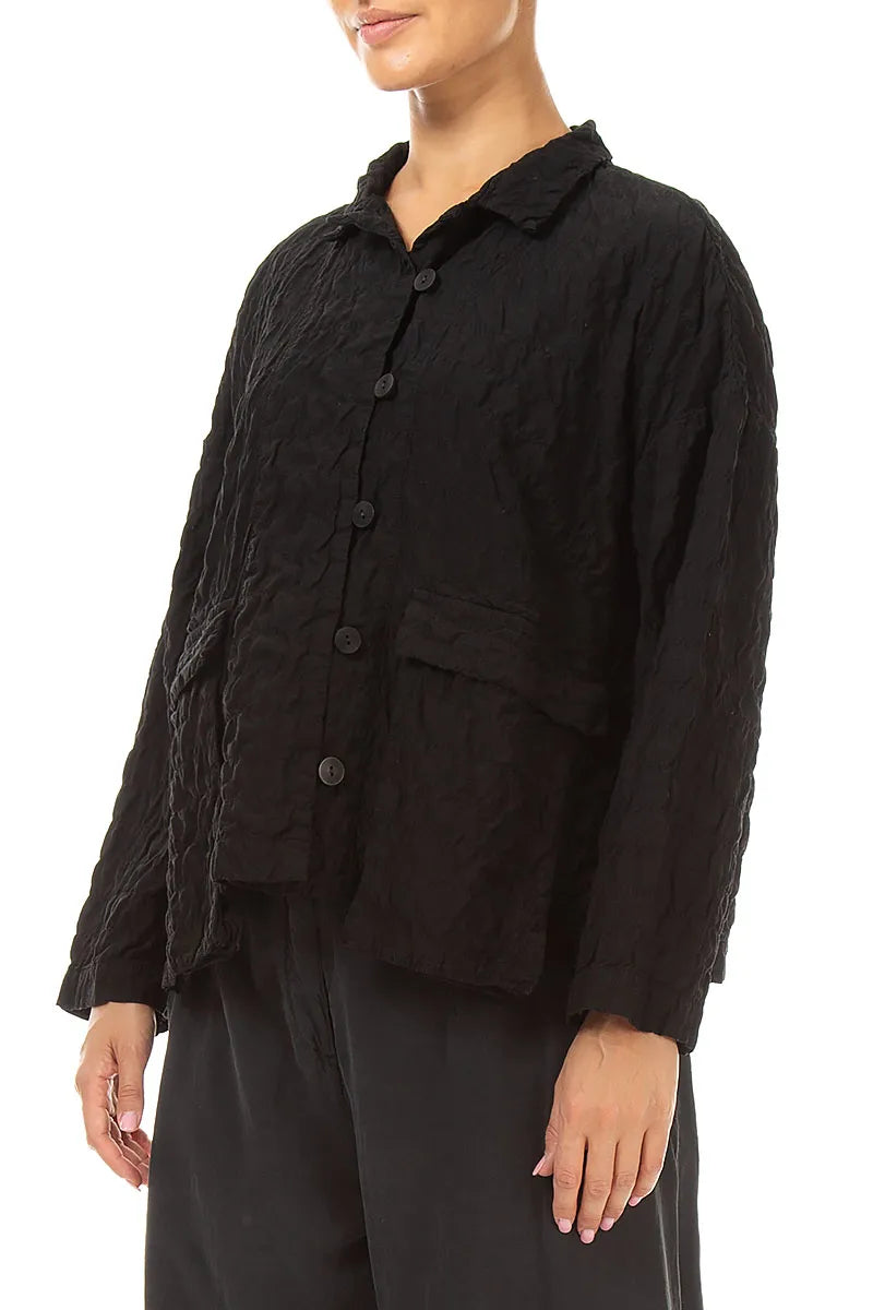 Two Pockets Black Pleated Silk Bamboo Jacket 3