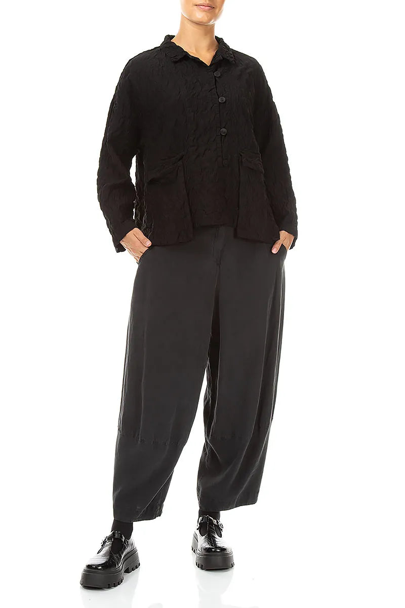 Two Pockets Black Pleated Silk Bamboo Jacket 4