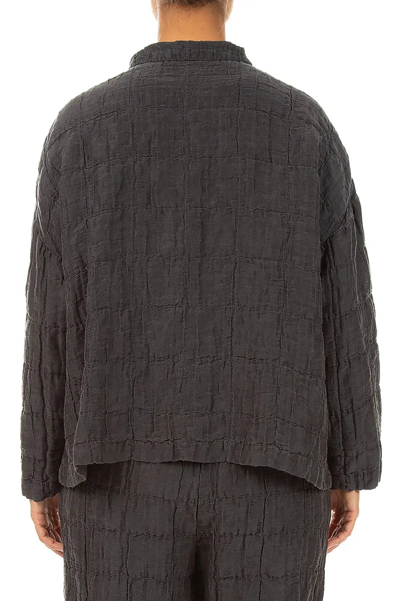 Two Pockets Charcoal Pleated Silk Linen Jacket 2