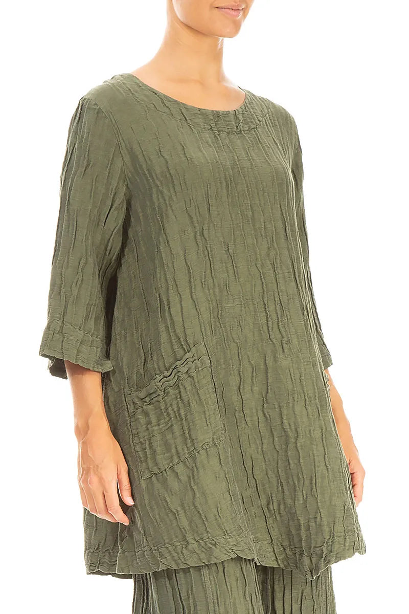 Two Pockets Crinkled Forest Mist Silk Linen Tunic 3