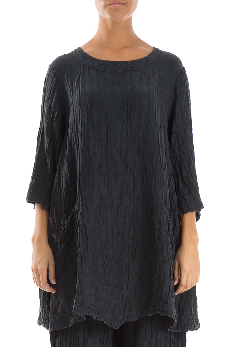 Two Pockets Crinkled Midnight Blue Silk Linen Tunic 1