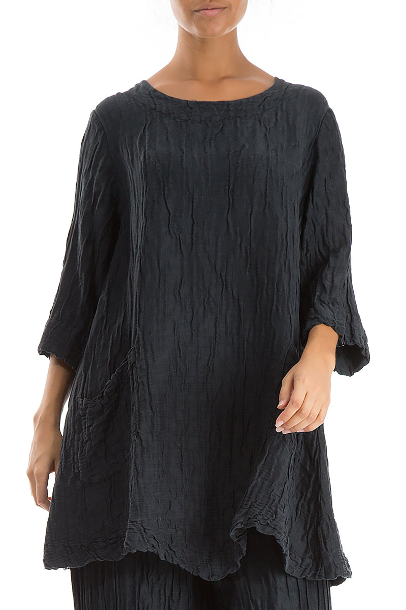 Two Pockets Crinkled Midnight Blue Silk Linen Tunic 3