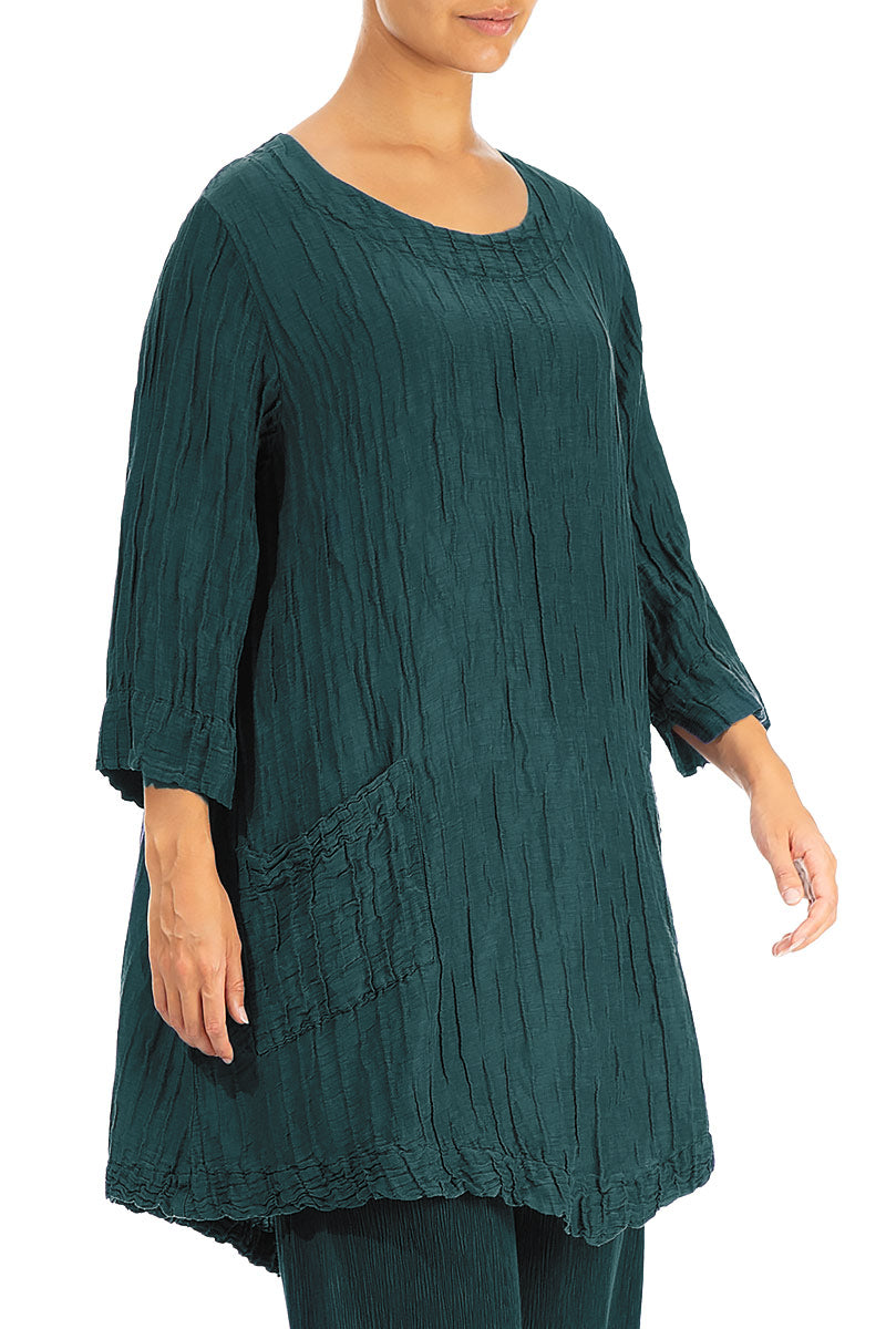 Two Pockets Crinkled Peacock Silk Linen Tunic 3