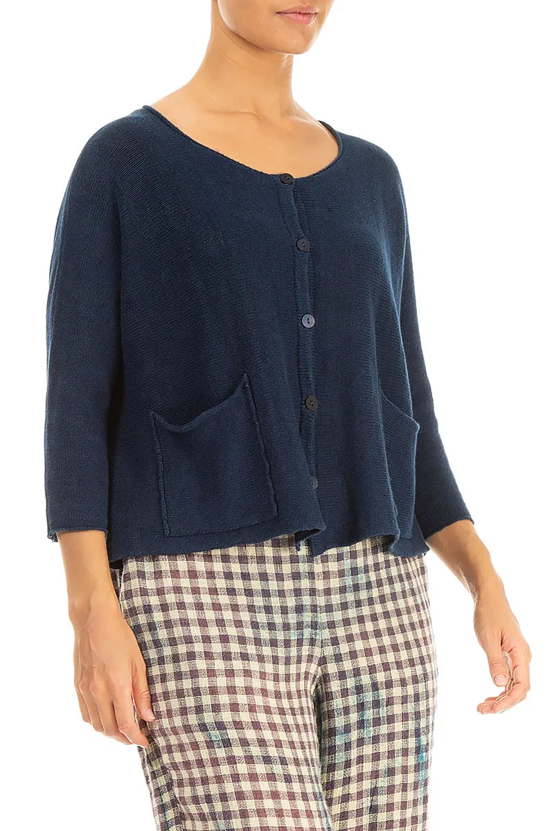 Two Pockets Navy Linen Cardigan