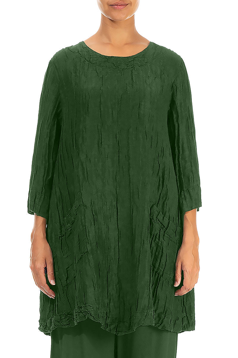 Two Pockets Pine Green Crinkled Silk Tunic 1