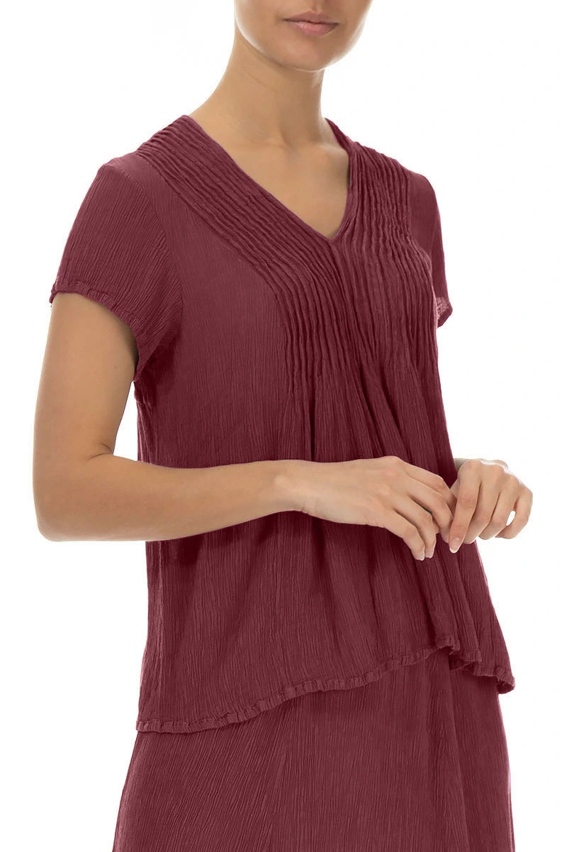 Bluse aus antikrubinroter Seide und Viskose mit V-Ausschnitt