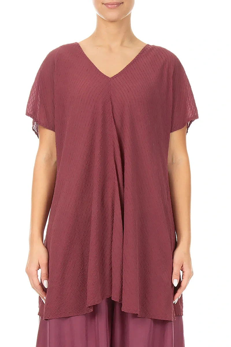 Bluse aus Seidenviskose mit V-Ausschnitt und Streifen in Antikrubinrot